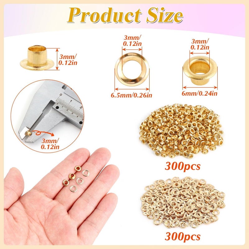 PECMER 300 PCS Gold Eyelets and Grommets- 1/8 Inch Copper Eyelets Grommets with Washers for Belt Bag Tag Scrapbook-3mm Eyelets for Paper Crafts and Fabric Shoes - Image 2